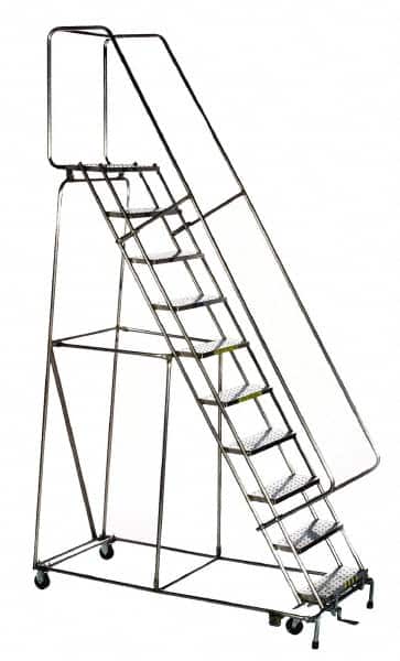 Ballymore - 133" 10 Step Ladder - Rolling Safety Ladder, 450 Lb Capacity, 100" Platform Height, 32" Base Width x 74" Depth, Perforated Tread - Exact Tooling