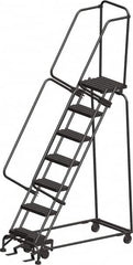 Ballymore - 103" 7 Step Ladder - Rolling Safety Ladder, 450 Lb Capacity, 70" Platform Height, 24" Base Width x 55" Depth, Perforated Tread - Exact Tooling