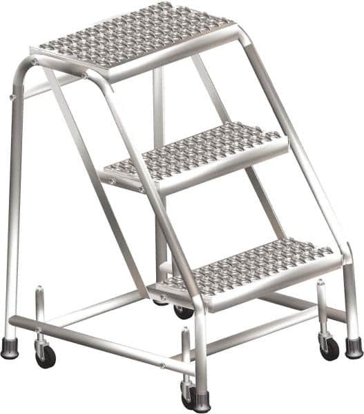Ballymore - 28-1/2" 3 Step Ladder - Rolling Safety Ladder, 450 Lb Capacity, 28-1/2" Platform Height, 30" Base Width x 25" Depth, Perforated Tread - Exact Tooling