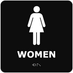 NMC - Women, 8" Wide x 8" High, Plastic Sign - English, Braille, White on Black, Wall Mount - Exact Tooling
