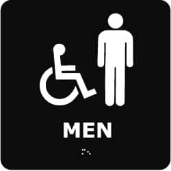 NMC - Men, 8" Wide x 8" High, Plastic Sign - English, Braille, White on Black, Wall Mount - Exact Tooling