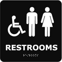 NMC - Restrooms, 8" Wide x 8" High, Plastic Sign - English, Braille, White on Black, Wall Mount - Exact Tooling