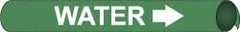 NMC - Pipe Marker with Water Legend and Arrow Graphic - 3-3/8 to 4-1/2" Pipe Outside Diam, White on Green - Exact Tooling