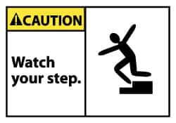 NMC - Accident Prevention Label, Header: CAUTION - Legend: Caution - Watch Your Step, English, Black, Yellow & White, 5" Long x 3" High, Sign Muscle Finish - Exact Tooling