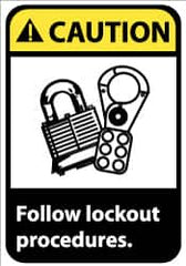 NMC - Accident Prevention Label, Header: CAUTION - Legend: Caution - Follow Lock-Out Procedures, English, Black, Yellow & White, 5" Long x 3" High, Sign Muscle Finish - Exact Tooling