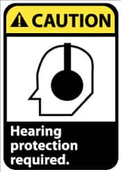 NMC - Accident Prevention Label, Header: CAUTION - Legend: Caution - Hearing Protection Required, English, Black, Yellow & White, 5" Long x 3" High, Sign Muscle Finish - Exact Tooling