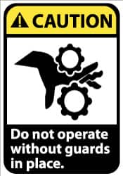 NMC - Accident Prevention Label, Header: CAUTION - Legend: Caution - Do Not Operate without Guards in Place, English, Black, Yellow & White, 5" Long x 3" High, Sign Muscle Finish - Exact Tooling