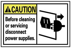 NMC - Accident Prevention Label, Header: CAUTION - Legend: Caution - Before Cleaning or Servicing Disconnect Power Supplies, English, Black, Yellow & White, 5" Long x 3" High, Sign Muscle Finish - Exact Tooling