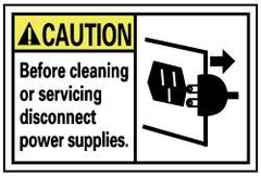 NMC - Accident Prevention Label, Header: CAUTION - Legend: Caution - Before Cleaning or Servicing Disconnect Power Supplies, English, Black, Yellow & White, 5" Long x 3" High, Sign Muscle Finish - Exact Tooling