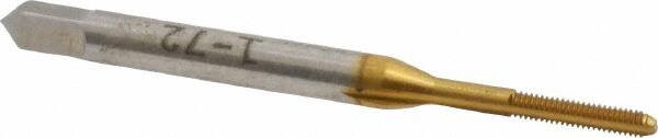 Made in USA - #1-72 UNF 3B 2 Flute TiN Finish High Speed Steel Straight Flute Standard Hand Tap - Bottoming, Right Hand Thread, 1-11/16" OAL, 3/8" Thread Length, H1 Limit, Oversize - Exact Tooling