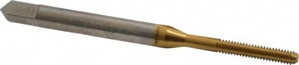 Made in USA - #2-56 UNC 2B 3 Flute TiN Finish High Speed Steel Straight Flute Standard Hand Tap - Bottoming, Right Hand Thread, 1-3/4" OAL, 7/16" Thread Length, H2 Limit, Oversize - Exact Tooling