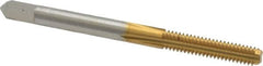 Made in USA - #8-32 UNC 2B 4 Flute TiN Finish High Speed Steel Straight Flute Standard Hand Tap - Bottoming, Right Hand Thread, 2-1/8" OAL, 3/4" Thread Length, H3 Limit, Oversize - Exact Tooling