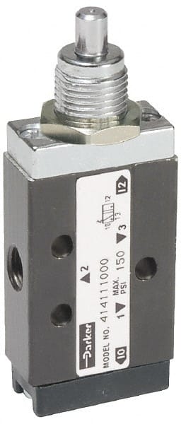 Parker - 0.20 CV Rate, 1/8" NPT Inlet Direct Air 2 Mechanical Spool Valve - 3 Way, 2 Position, 150 Max psi, Plunger Spring Return - Exact Tooling