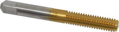 Made in USA - 5/16-18 UNC 3B 4 Flute TiN Finish High Speed Steel Straight Flute Standard Hand Tap - Bottoming, Right Hand Thread, 2-23/32" OAL, 1-1/8" Thread Length, H3 Limit, Oversize - Exact Tooling