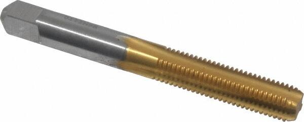 Made in USA - 5/16-24 UNF 3B 4 Flute TiN Finish High Speed Steel Straight Flute Standard Hand Tap - Bottoming, Right Hand Thread, 2-23/32" OAL, 1-1/8" Thread Length, H3 Limit, Oversize - Exact Tooling