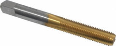 Made in USA - 5/16-24 UNF 3B 4 Flute TiN Finish High Speed Steel Straight Flute Standard Hand Tap - Bottoming, Right Hand Thread, 2-23/32" OAL, 1-1/8" Thread Length, H3 Limit, Oversize - Exact Tooling