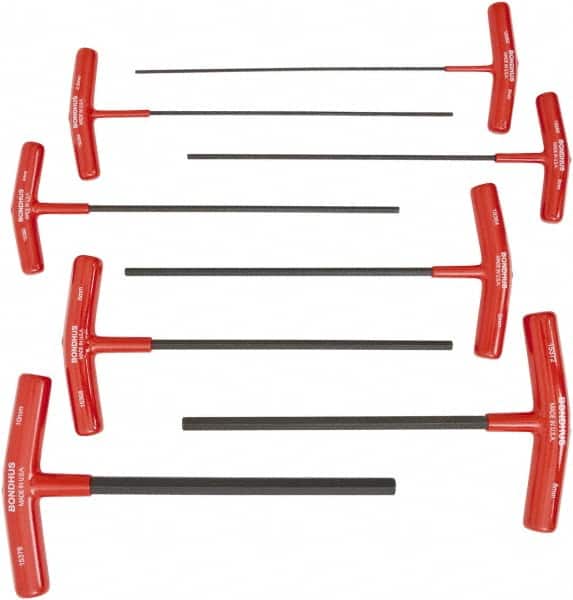 Bondhus - 8 Piece T-Handle Cushion Grip Hex Key Set - Hex Range 2 to 10mm, 9" OAL, Protanium High Torque Steel - Exact Tooling