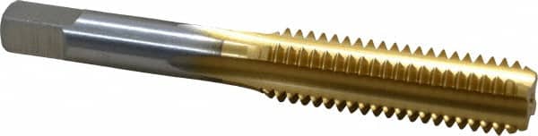 Made in USA - 7/16-14 UNC 4 Flute TiN Finish High Speed Steel Straight Flute Standard Hand Tap - Bottoming, Right Hand Thread, 3-5/32" OAL, 1-7/16" Thread Length, H3 Limit, Oversize - Exact Tooling