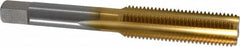 Made in USA - 7/16-20 UNF 4 Flute TiN Finish High Speed Steel Straight Flute Standard Hand Tap - Bottoming, Right Hand Thread, 3-5/32" OAL, 1-7/16" Thread Length, H3 Limit, Oversize - Exact Tooling