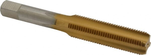 Made in USA - 1/2-20 UNF 3B 4 Flute TiN Finish High Speed Steel Straight Flute Standard Hand Tap - Bottoming, Right Hand Thread, 3-3/8" OAL, 1-21/32" Thread Length, H3 Limit, Oversize - Exact Tooling