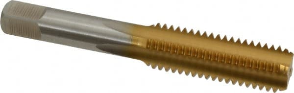 Made in USA - 9/16-12 UNC 4 Flute TiN Finish High Speed Steel Straight Flute Standard Hand Tap - Bottoming, Right Hand Thread, 3-19/32" OAL, 1-21/32" Thread Length, H3 Limit, Oversize - Exact Tooling