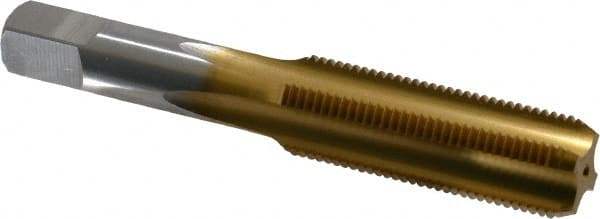 Made in USA - 5/8-18 UNF 3B 4 Flute TiN Finish High Speed Steel Straight Flute Standard Hand Tap - Bottoming, Right Hand Thread, 3-13/16" OAL, 1-13/16" Thread Length, H3 Limit, Oversize - Exact Tooling