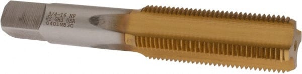 Made in USA - 3/4-16 UNF 3B 4 Flute TiN Finish High Speed Steel Straight Flute Standard Hand Tap - Bottoming, Right Hand Thread, 4-1/4" OAL, 2" Thread Length, H3 Limit, Oversize - Exact Tooling