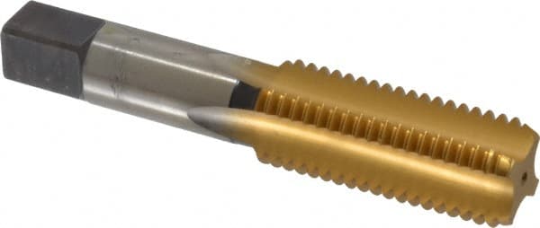 Made in USA - 1-8 UNC 3B 4 Flute TiN Finish High Speed Steel Straight Flute Standard Hand Tap - Bottoming, Right Hand Thread, 5-1/8" OAL, 2-1/2" Thread Length, H4 Limit, Oversize - Exact Tooling