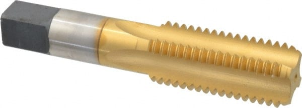 Made in USA - 1-1/8 - 7 UNC 3B 4 Flute TiN Finish High Speed Steel Straight Flute Standard Hand Tap - Bottoming, Right Hand Thread, 5-7/16" OAL, 2-9/16" Thread Length, H4 Limit, Oversize - Exact Tooling