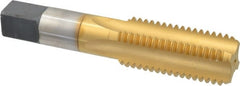Made in USA - 1-1/8 - 7 UNC 3B 4 Flute TiN Finish High Speed Steel Straight Flute Standard Hand Tap - Bottoming, Right Hand Thread, 5-7/16" OAL, 2-9/16" Thread Length, H4 Limit, Oversize - Exact Tooling