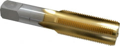 Made in USA - 1-1/8 - 12 UNF 3B 4 Flute TiN Finish High Speed Steel Straight Flute Standard Hand Tap - Bottoming, Right Hand Thread, 5-7/16" OAL, 2-9/16" Thread Length, H4 Limit, Oversize - Exact Tooling