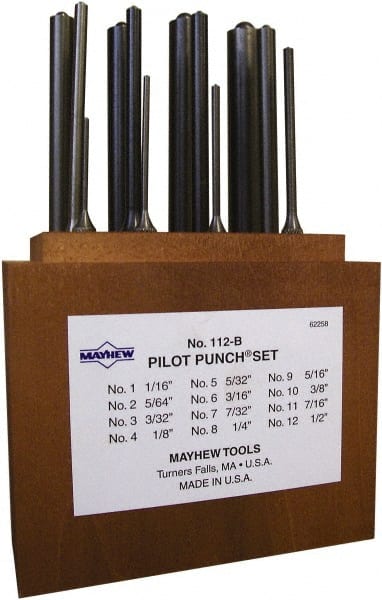 Mayhew - 12 Piece, 1/16 to 1/2", Roll Pin Punch Set - Round Shank, Alloy Steel, Comes in Wood Box - Exact Tooling