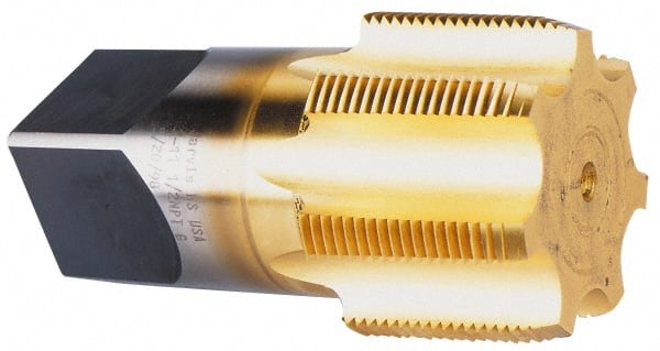 Hertel - 2 - 11-1/2 NPT Thread, 7 Flute Standard Pipe Tap - 4-1/2" OAL, 1-3/4" Thread Length, 1-7/8" Shank Diam, TiN Finish, High Speed Steel - Exact Tooling