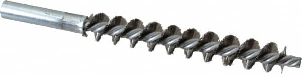 Schaefer Brush - 4" Brush Length, 5/8" Diam, Double Stem, Single Spiral Tube Brush - 6-1/4" Long, Stainless Steel, 12-24 Female Connection - Exact Tooling