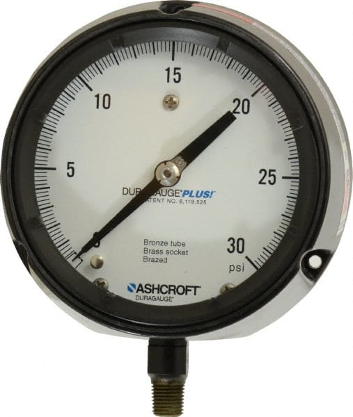 Ashcroft - 4-1/2" Dial, 1/4 Thread, 0-30 Scale Range, Pressure Gauge - Lower Connection, Rear Flange Connection Mount, Accurate to 0.5% of Scale - Exact Tooling