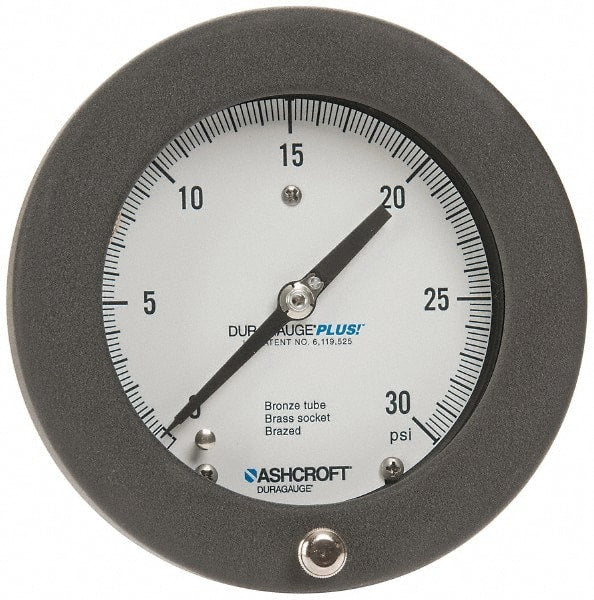 Ashcroft - 4-1/2" Dial, 1/4 Thread, 0-30 Scale Range, Pressure Gauge - Center Back Connection Mount, Accurate to 0.5% of Scale - Exact Tooling