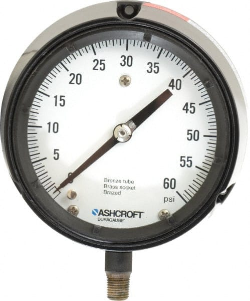 Ashcroft - 4-1/2" Dial, 1/4 Thread, 0-60 Scale Range, Pressure Gauge - Lower Connection, Rear Flange Connection Mount, Accurate to 0.5% of Scale - Exact Tooling