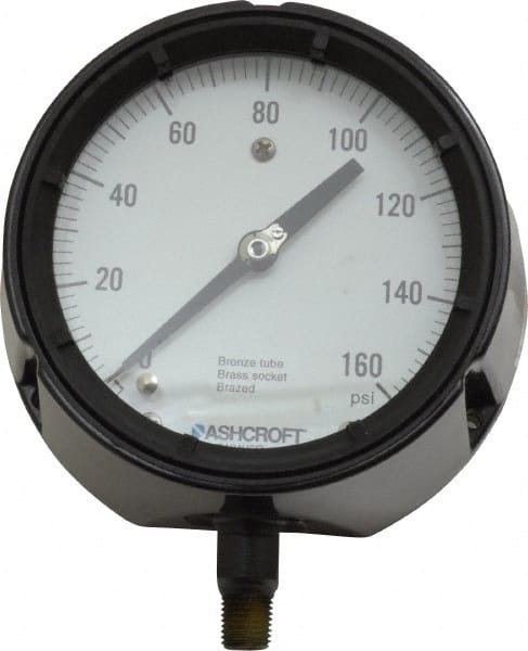 Ashcroft - 4-1/2" Dial, 1/4 Thread, 0-160 Scale Range, Pressure Gauge - Lower Connection, Rear Flange Connection Mount, Accurate to 0.5% of Scale - Exact Tooling