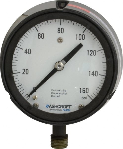 Ashcroft - 4-1/2" Dial, 1/2 Thread, 0-160 Scale Range, Pressure Gauge - Lower Connection, Rear Flange Connection Mount, Accurate to 0.5% of Scale - Exact Tooling