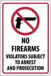 NMC - "No Firearms Violators Subject to Arrest and Prosecution", 18" Long x 12" Wide, Aluminum Safety Sign - Rectangle, 0.04" Thick, Use for Security & Admittance - Exact Tooling