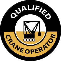 NMC - Qualified Crane Operator, Hard Hat Label - Black & Yellow on White, 2" Thick, For Accident Prevention - Exact Tooling