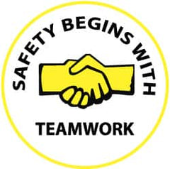 NMC - Safety Begins with Teamwork, Hard Hat Label - Yellow & Black on White, 2" Thick, For Accident Prevention - Exact Tooling