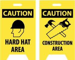 NMC - Caution - Hard Hat Area, Caution - Construction Area, 12" Wide x 20" High, Plastic Floor Sign - A-Frame, Black on Yellow, For Accident Prevention - Exact Tooling