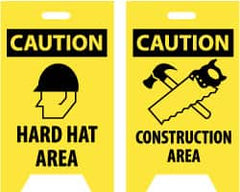 NMC - Caution - Hard Hat Area, Caution - Construction Area, 12" Wide x 20" High, Plastic Floor Sign - A-Frame, Black on Yellow, For Accident Prevention - Exact Tooling