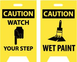 NMC - Caution - Watch Your Step, Caution - Wet Paint, 12" Wide x 20" High, Plastic Floor Sign - A-Frame, Black on Yellow, For Accident Prevention - Exact Tooling