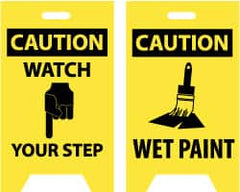 NMC - Caution - Watch Your Step, Caution - Wet Paint, 12" Wide x 20" High, Plastic Floor Sign - A-Frame, Black on Yellow, For Accident Prevention - Exact Tooling