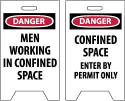 NMC - Danger - Men Working in Confined Area, Danger - Confined Space - Enter by Permit Only, 12" Wide x 19" High, Plastic Floor Sign - A-Frame, Red & Black on White, For Accident Prevention - Exact Tooling