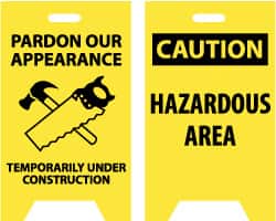 NMC - Pardon Our Appearance - Temporarily Under Construction, 12" Wide x 19" High, Plastic Floor Sign - A-Frame, Black on Yellow, For Accident Prevention - Exact Tooling