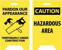 NMC - Pardon Our Appearance - Temporarily Under Construction, 12" Wide x 19" High, Plastic Floor Sign - A-Frame, Black on Yellow, For Accident Prevention - Exact Tooling