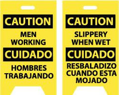 NMC - Caution - Men Working, Caution - Slippery When Wet, 12" Wide x 20" High, Plastic Floor Sign - English/Spanish, A-Frame, Black on Yellow, For Accident Prevention - Exact Tooling